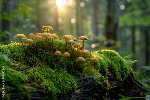 Sunlight Illuminating Mushrooms on a Mossy Log in a Forest