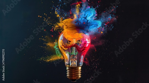 Creative light bulb explodes with colorful paint and splashes on a black background © Ibad