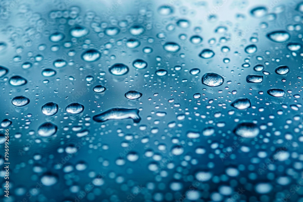 A macro shot of raindrops on the surface of a glass window