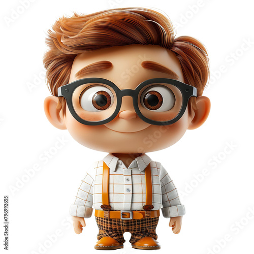 A cartoon character wearing glasses and a white shirt with orange pants