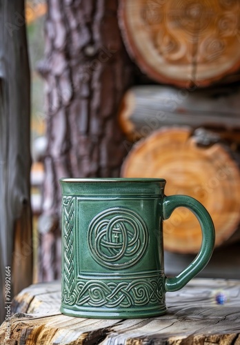 Traditional Celtic Patterned Mug on Rustic Wooden Table