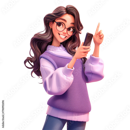 A young and enthusiastic cartoon woman dressed casually in a purple vest and sweatshirt is showcasing her vibrant energy as she confidently uses her mobile phone pointing her finger This ch photo