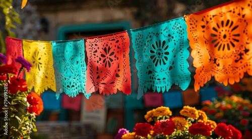 Colorful traditional papel picado banners fluttering in the breeze © Balaraw
