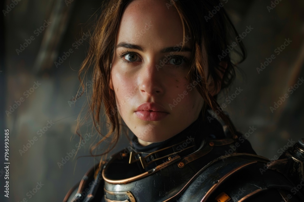 Portrait of a young woman in futuristic armor looking intently Portrait of a young woman in futuristic armor looking intently