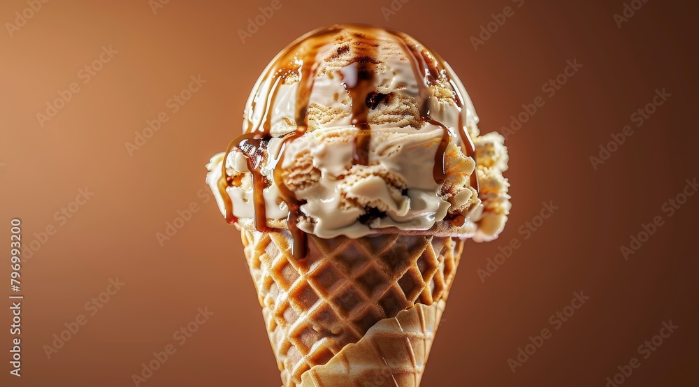 Delicious caramel drizzle over vanilla ice cream cone