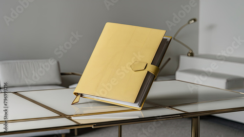  A stunning image of a pristine yellow leather folder elegantly positioned on a pristine white desk in a minimalist room.
