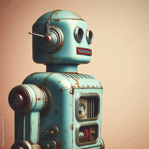 A vintage style robot with a retro design on a pastel background, depicting concepts of artificial intelligence and nostalgia.
