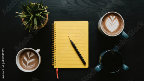 Stunning image of a notepad made of craft yellow paper placed on a black table in a minimalist room.