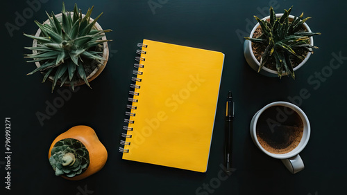 Stunning image of a notepad made of craft yellow paper placed on a black table in a minimalist room.