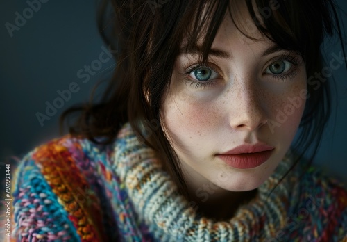 Portrait of a Young Woman in Colorful Knitwear