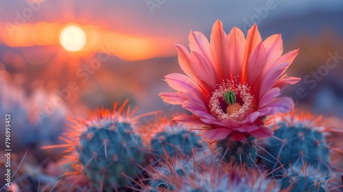 Sunset Serenade: Stunning Cactus Bloom in the Desert, generative ai