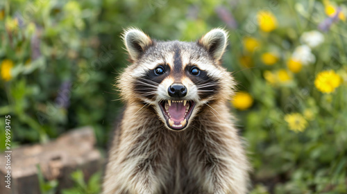 Close up of a cute happy raccoon 