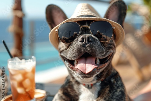 Cheerful French Bulldog Wearing Sunglasses and Straw Hat Relaxing by the Poolside on a Sunny Day.