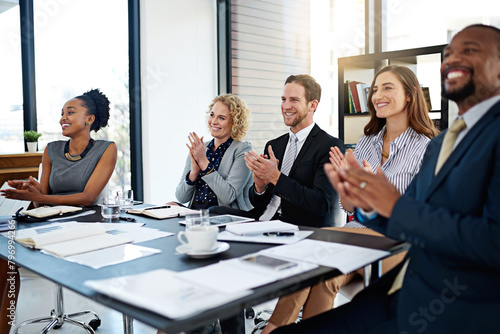 Clapping hands, presentation and business people in office for corporate finance seminar or workshop. Happy, teamwork and group of financial advisors with applause for conference, meeting or training