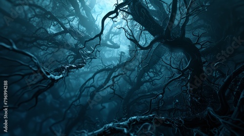 Mysterious blue-toned forest with twisted trees and misty atmosphere