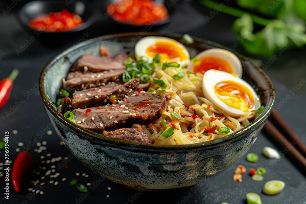 Delicious Asian noodle soup with beef and boiled eggs Delicious Asian noodle soup with beef and boiled eggs