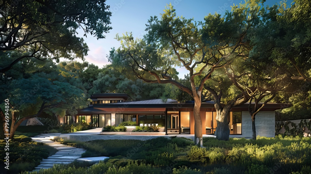 Nestled amidst a lush canopy of trees, the luxury single-story home exterior exudes elegance and tranquility, its pristine facade blending seamlessly with the verdant surroundings Nestled amidst a lush canopy of trees, the luxury single-story home exterior exudes elegance and tranquility, its pristine facade blending seamlessly with the verdant surroundings