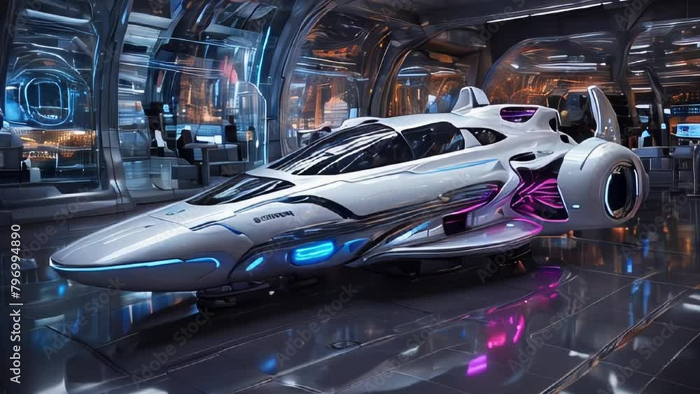 A futuristic white spaceship with neon lights and located inside a ...