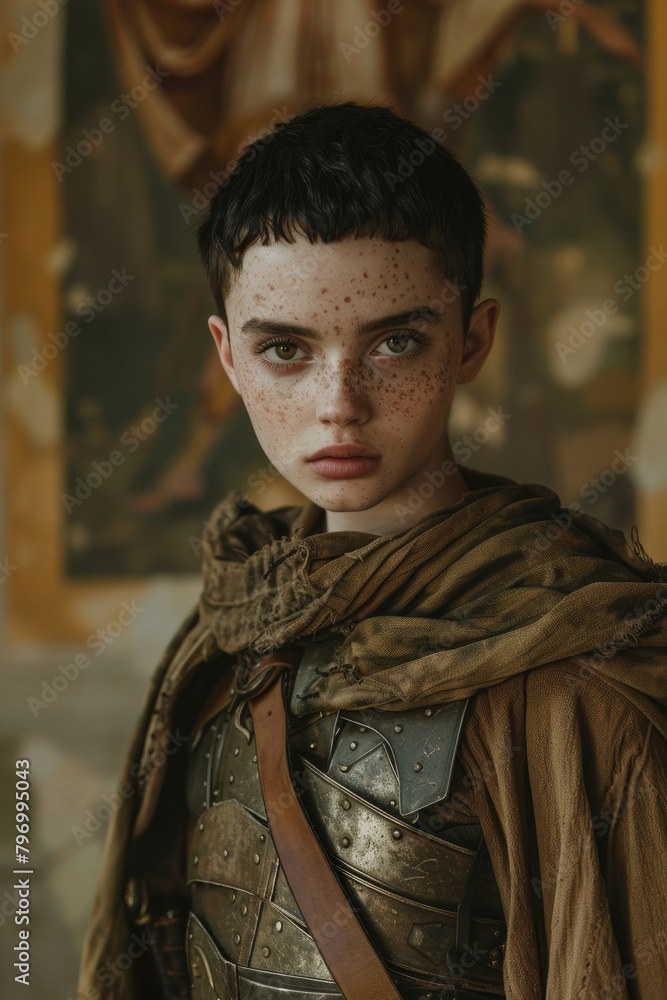 Young medieval warrior in armor posing with a determined expression