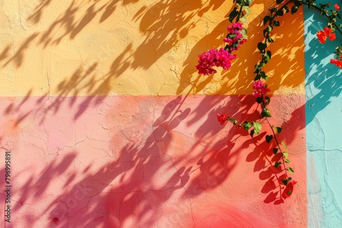 sunny day light and shadows from bougainvillea flowers on a vibrant colorful wall