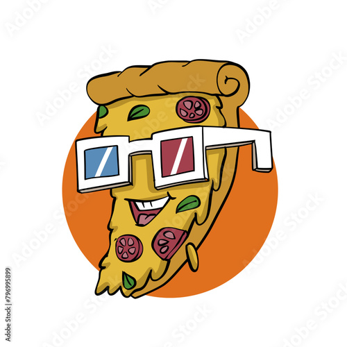 Retro Cartoon Pizza with 3D Glasses Vector Illustration