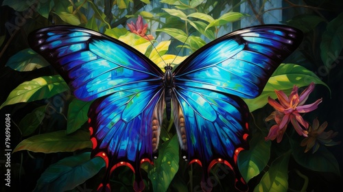 Vibrant blue morpho butterfly on tropical green leaves with a blooming flower