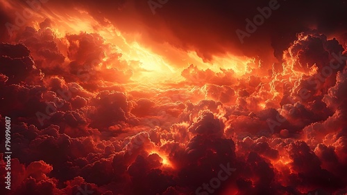 A dramatic and eerie black and red sky with fiery clouds. Concept Dramatic Sky, Eerie Atmosphere, Black and Red, Fiery Clouds, Mysterious Scene