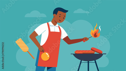 A man tending to a sizzling grill his apron proudly displaying the phrase Juneteenth Cookout as he flips burgers and hot dogs.. Vector illustration