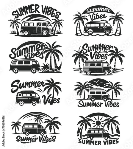 Summer vibes emblems with palms. For emblem, sign, logo, label, badge and design elements. Silhouette style vector. 
