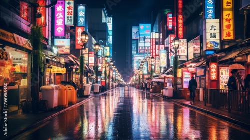 A vibrant, bustling Tokyo street at night, illuminated by neon signs and lanterns under a rainy sky. © Yusif