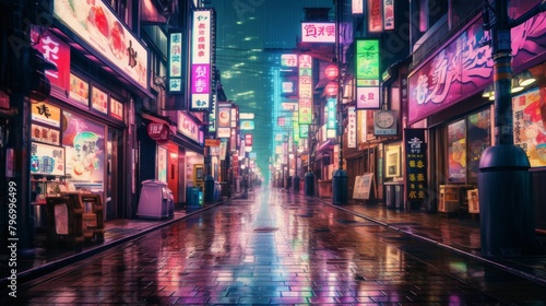 A vibrant, bustling Tokyo street at night, illuminated by neon signs and lanterns under a rainy sky.