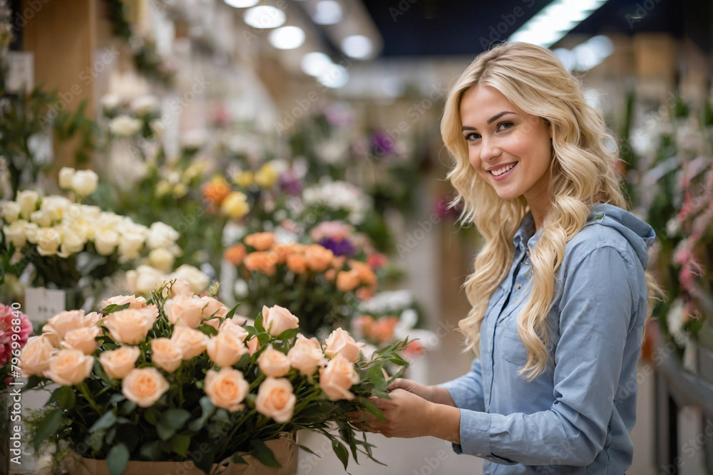 The girl is a florist, works in a flower shop.Smiling.