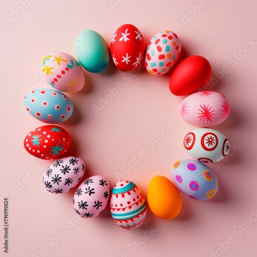 Top view of beautiful Easter eggs in a circle on table