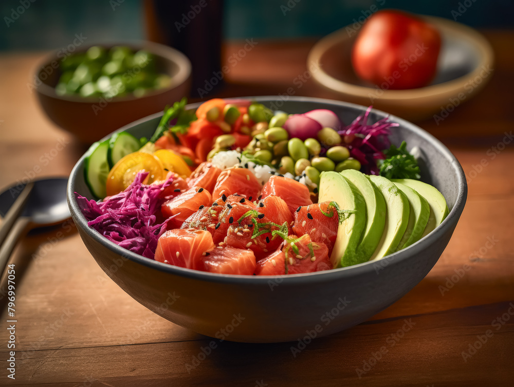 A colorful bowl of food with a variety of vegetables and fish. The bowl is filled with avocado, broccoli, carrots, and other vegetables. The dish is served with chopsticks and a spoon A colorful bowl of food with a variety of vegetables and fish. The bowl is filled with avocado, broccoli, carrots, and other vegetables. The dish is served with chopsticks and a spoon