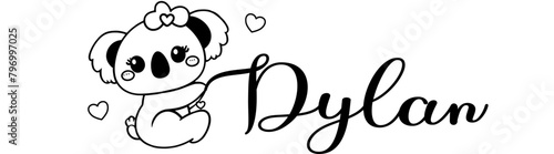 Dyylan - black color - name written - Word with Koala kawaii for websites, baby shower, greetings, banners, cards-shirt, sweatshirt, prints, cricut, silhouette, sublimation