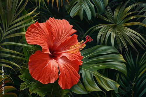 A vibrant red hibiscus blossom with a backdrop of lush tropical foliage.