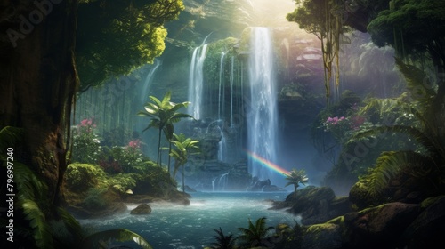 Majestic waterfall in a lush tropical forest with vibrant flora and serene waters