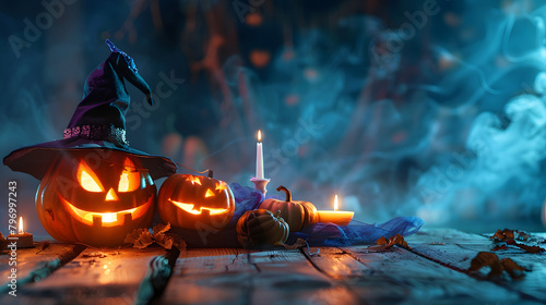 A bewitching Halloween tableau featuring glowing pumpkins. a witchs hat photo