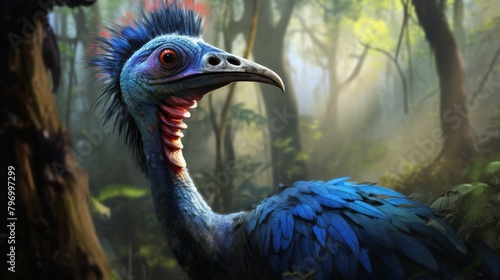 Striking blue cassowary in a misty woodland setting, showcasing vibrant feathers and exotic appearance