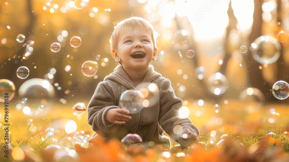 Little child playing with bubble in park with warm sunlight Little child playing with bubble in park with warm sunlight
