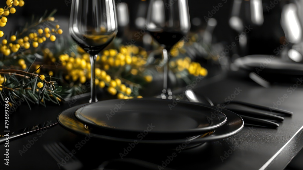 Elegant black table setting with accent of yellow mimosa Elegant black table setting with accent of yellow mimosa