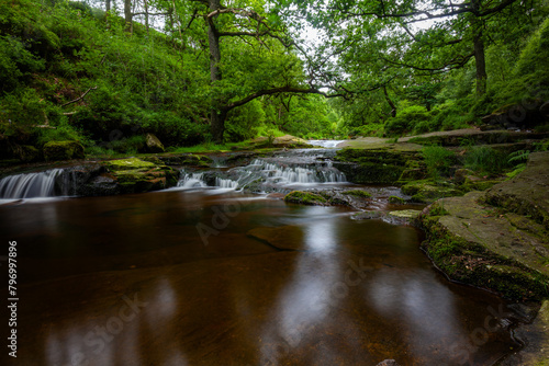 Water streaming over rocky cascades, Deep forest waterfall small waterfall with blurred water on the rocks in the peak district uk