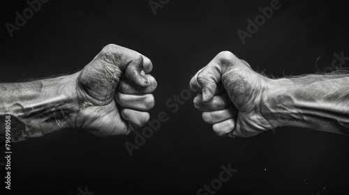 Black and white image of hands clenched into fists on a black background photo