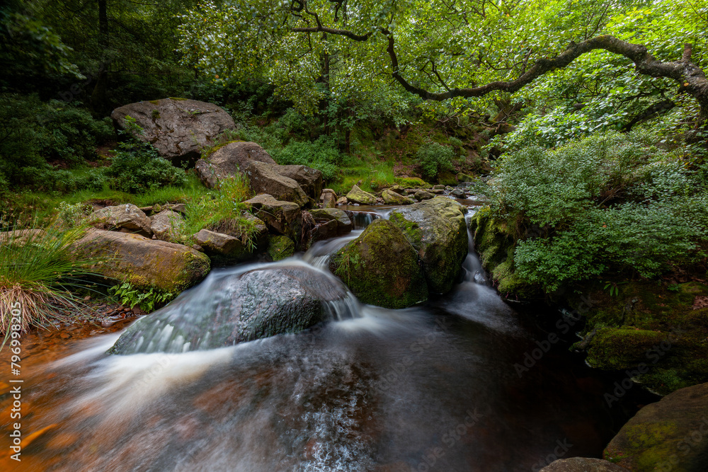 Water streaming over rocky cascades, Deep forest waterfall small waterfall with blurred water on the rocks in the peak district uk Water streaming over rocky cascades, Deep forest waterfall small waterfall with blurred water on the rocks in the peak district uk