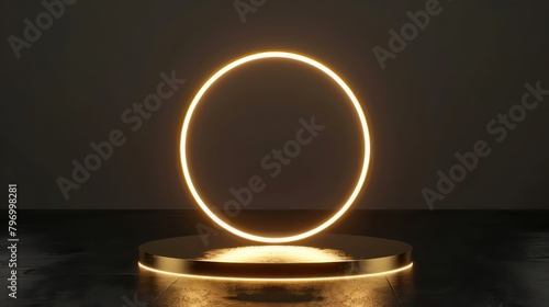 Gold podium for product presentation with yellow neon circle illustration. Abstract empty golden award platform with neon glowing round frame and rays, glitter confetti sparkle rain falling.