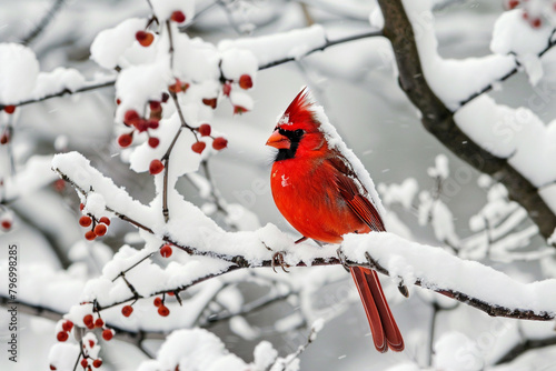 A vibrant red cardinal perched on a snow-covered branch. © Eun Woo Ai