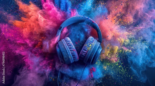 Headphone and vivid color powder. Creative music and festival concept photo
