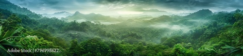 drone shot aerial view top angle panoramic photograph of steep deep valley canyon rainforest mountains peaks dense jungle. AI generated illustration © Or