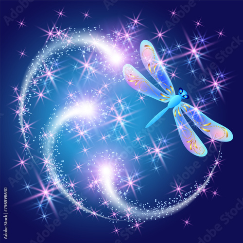 Flying dragonfly with sparkle and blazing trail and sparkle stars