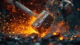 Stunning image of a blacksmith's hammer striking hot metal, sparks flying in a dark workshop